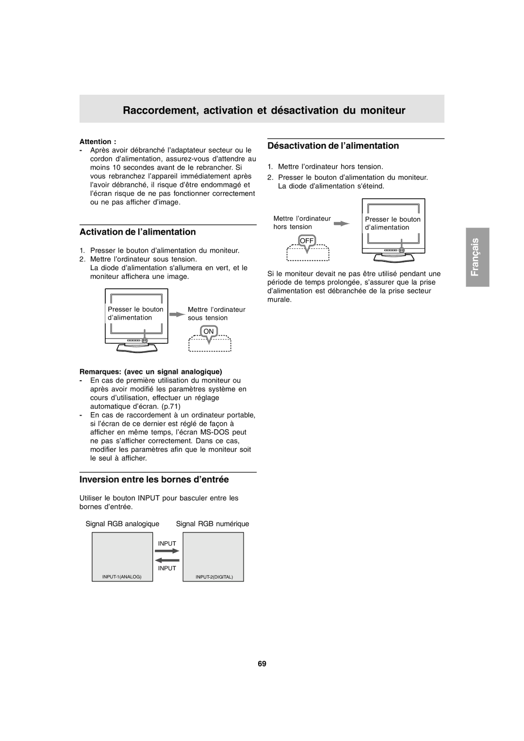 Sharp LL-T1803-H operation manual Raccordement, activation et désactivation du moniteur, Activation de l’alimentation 