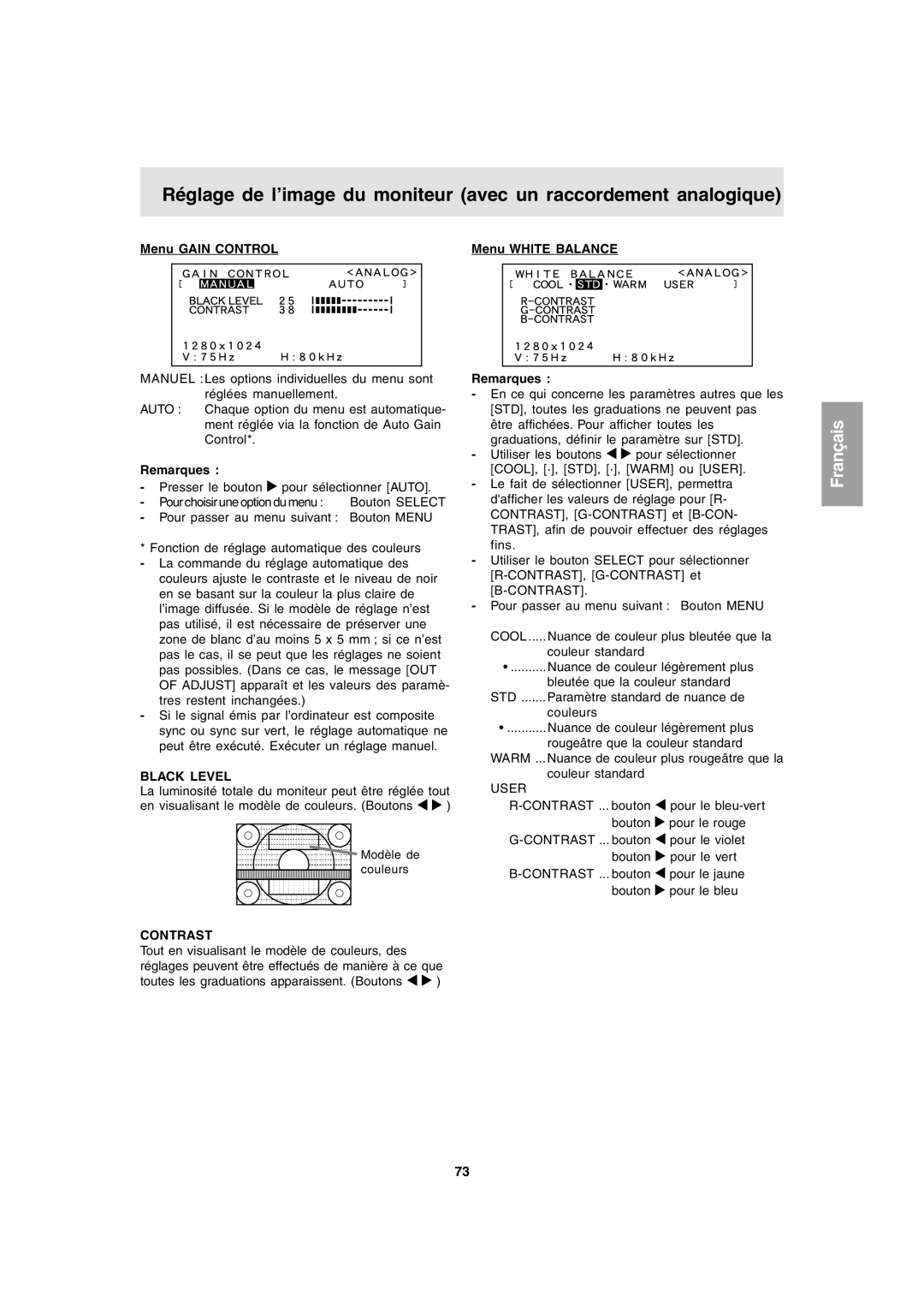 Sharp LL-T1803-H operation manual Menu Gain Control Menu White Balance, Black Level 