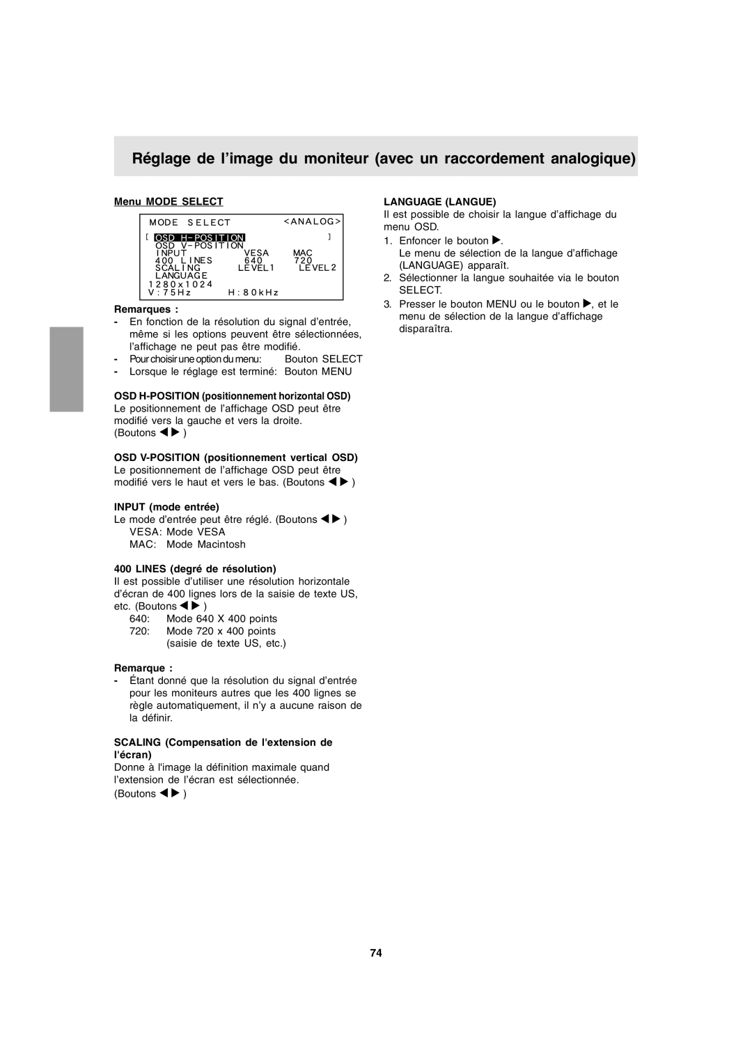 Sharp LL-T1803-H operation manual Menu Mode Select Remarques, Input mode entrée, Lines degré de résolution, Language Langue 