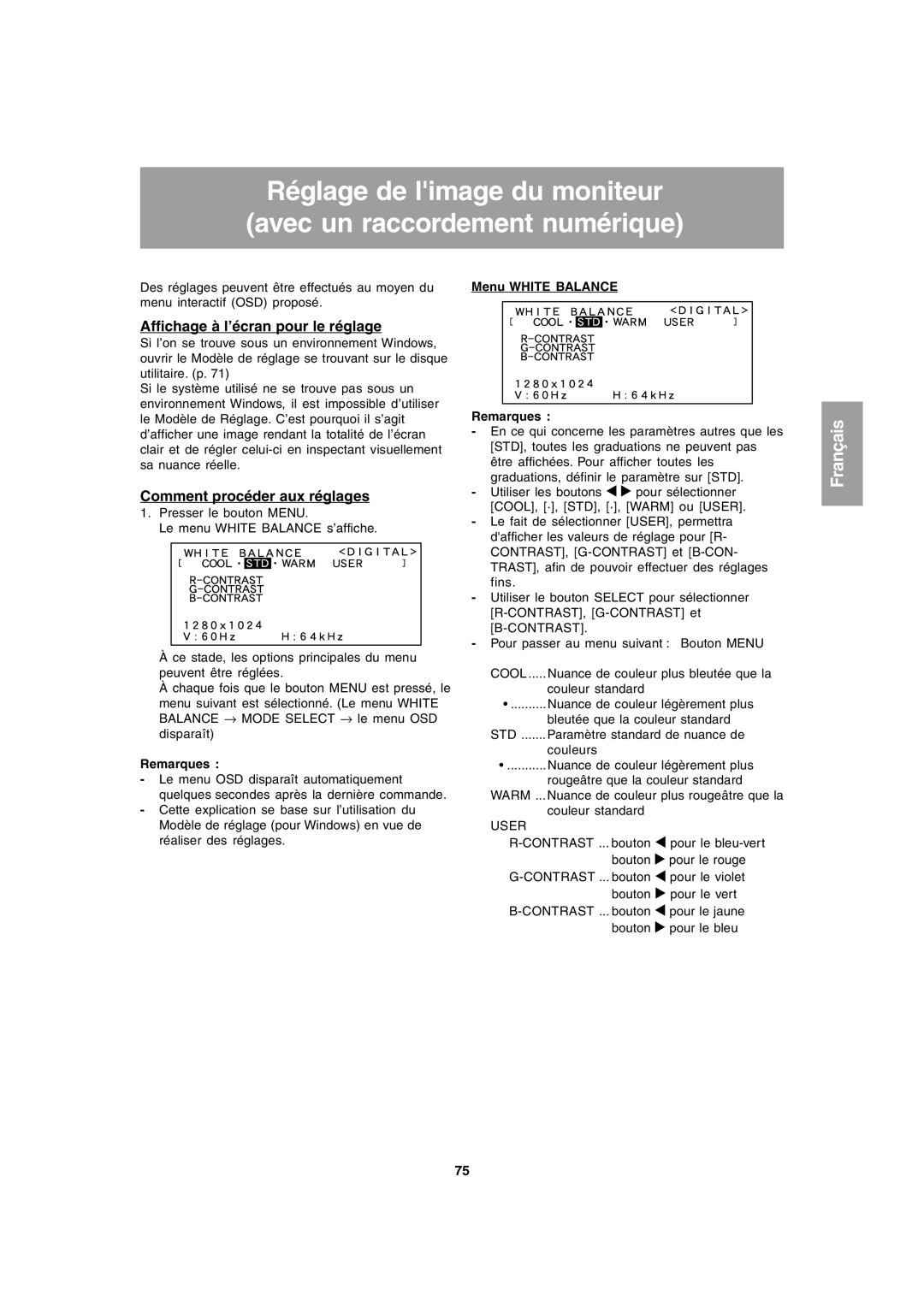 Sharp LL-T1803-H operation manual Réglage de limage du moniteur avec un raccordement numérique 