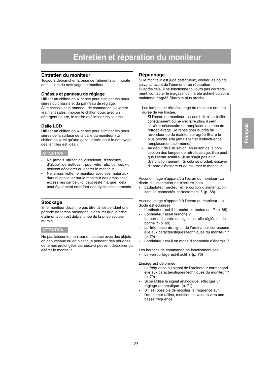 Sharp LL-T1803-H operation manual Entretien et réparation du moniteur, Entretien du moniteur, Stockage, Dépannage 