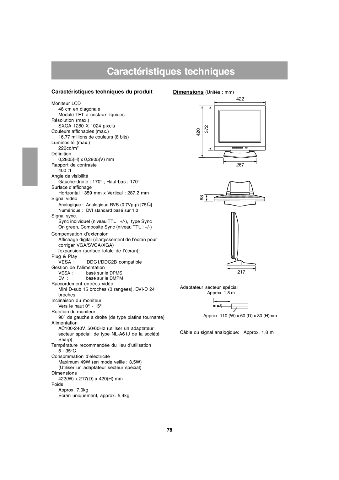 Sharp LL-T1803-H operation manual Caractéristiques techniques du produit 