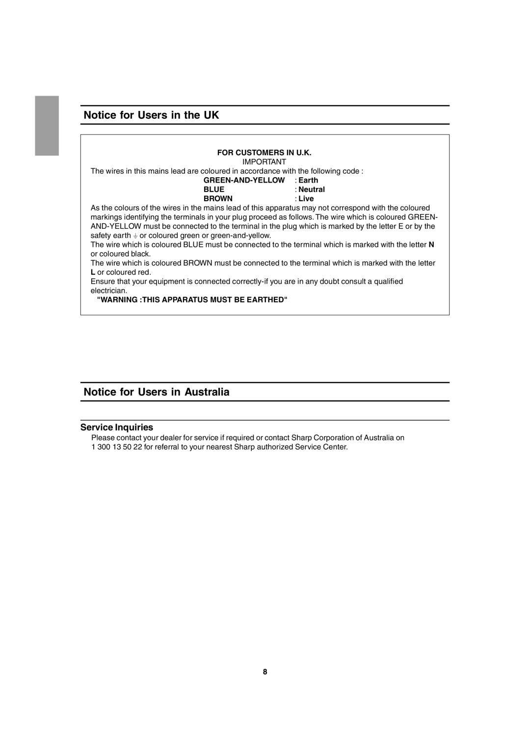 Sharp LL-T1803-H operation manual Service Inquiries, For Customers in U.K, Blue, Brown 