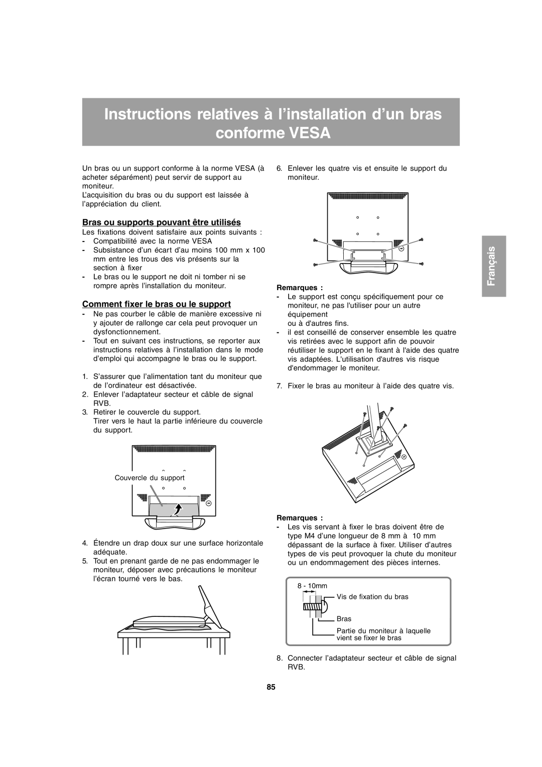 Sharp LL-T1803-H operation manual Bras ou supports pouvant être utilisés, Comment fixer le bras ou le support 