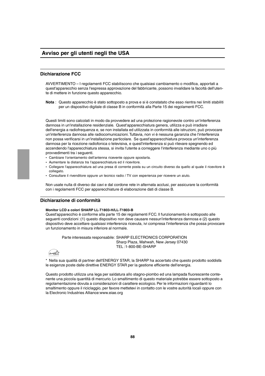 Sharp LL-T1803-H operation manual Avviso per gli utenti negli the USA, Dichiarazione FCC, Dichiarazione di conformità 