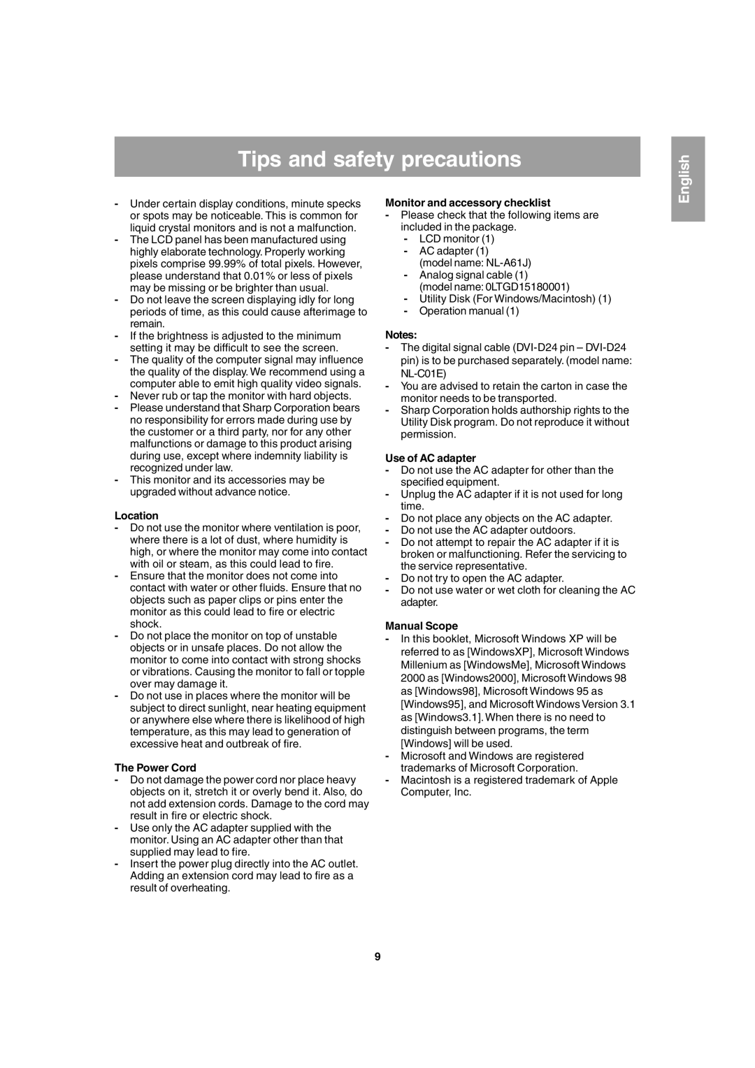 Sharp LL-T1803-H operation manual Tips and safety precautions 