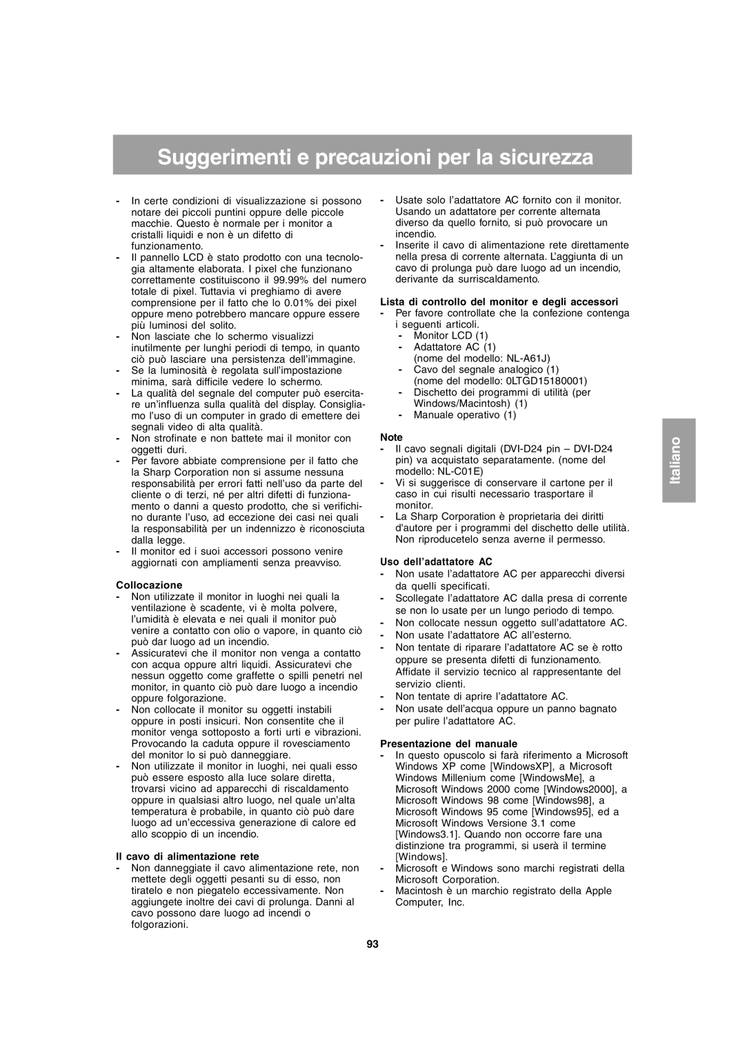 Sharp LL-T1803-H operation manual Suggerimenti e precauzioni per la sicurezza 