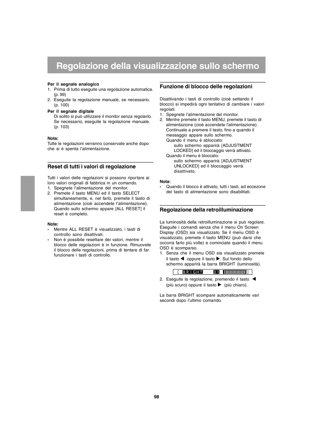 Sharp LL-T1803-H operation manual Regolazione della visualizzazione sullo schermo, Reset di tutti i valori di regolazione 