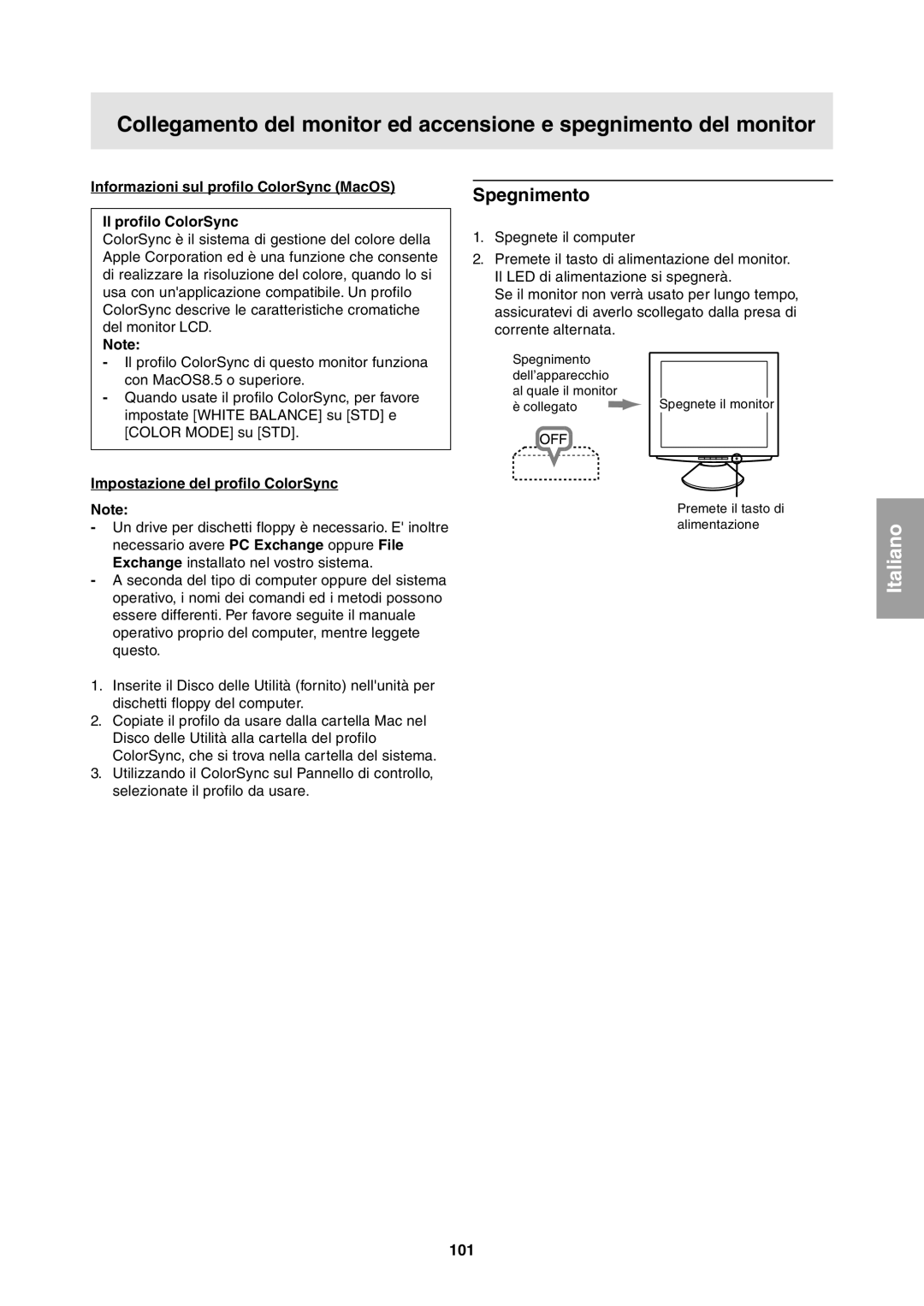 Sharp LL-T1811W operation manual Spegnimento, Impostazione del profilo ColorSync, 101 