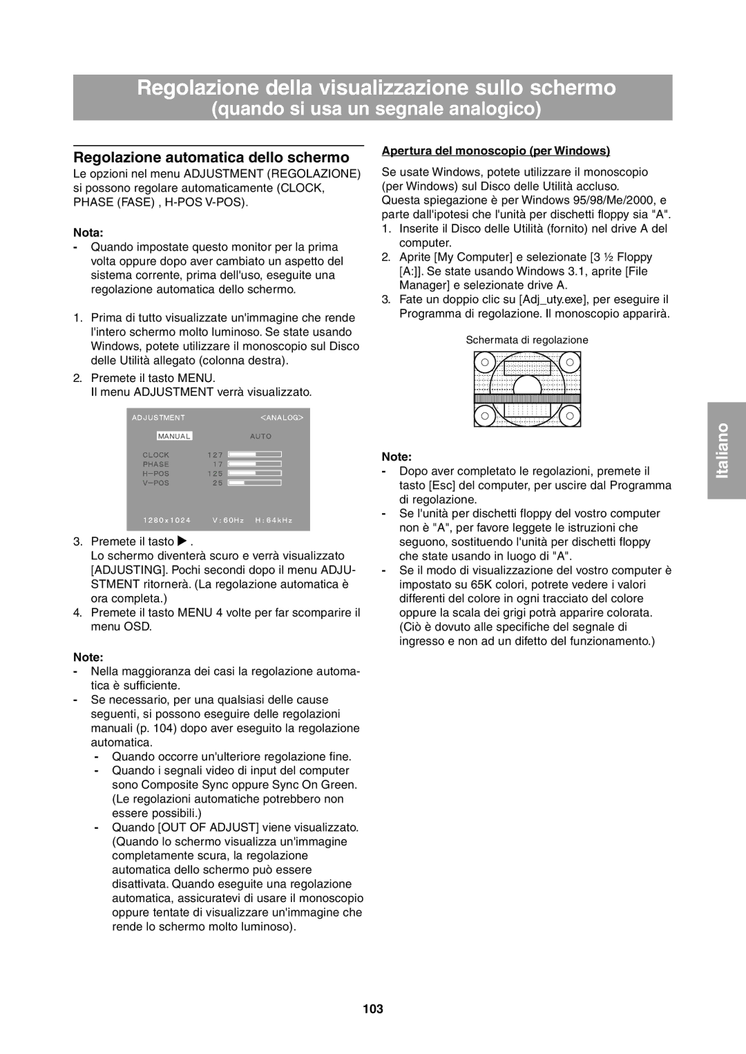 Sharp LL-T1811W operation manual Regolazione automatica dello schermo, Apertura del monoscopio per Windows, 103 