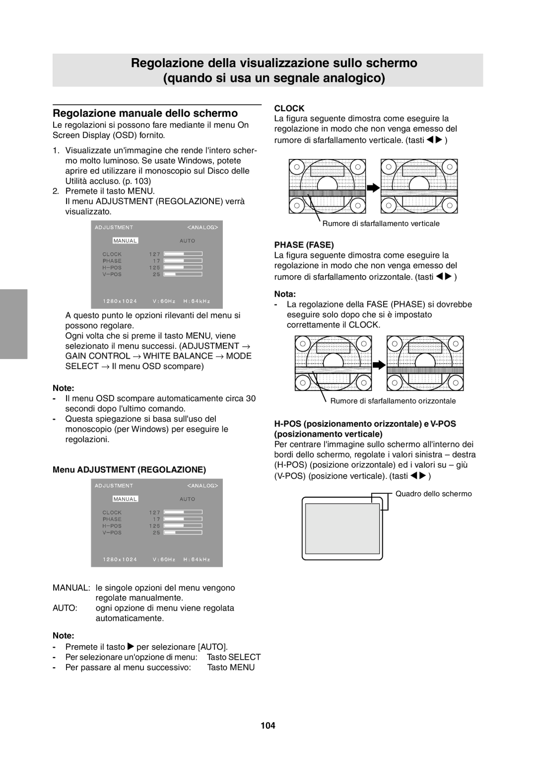 Sharp LL-T1811W operation manual Regolazione manuale dello schermo, Menu Adjustment Regolazione, Phase Fase, 104 