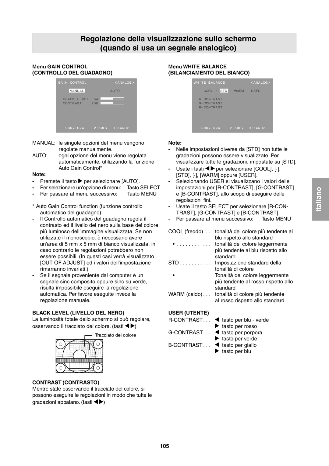 Sharp LL-T1811W operation manual Black Level Livello DEL Nero, Contrast Contrasto, User Utente 