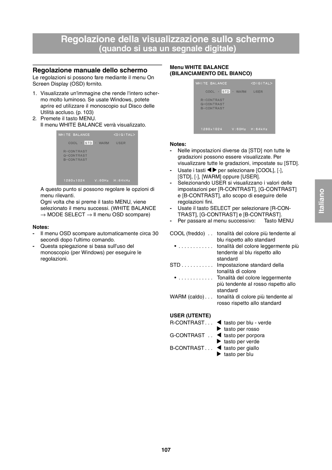 Sharp LL-T1811W operation manual Quando si usa un segnale digitale, 107 