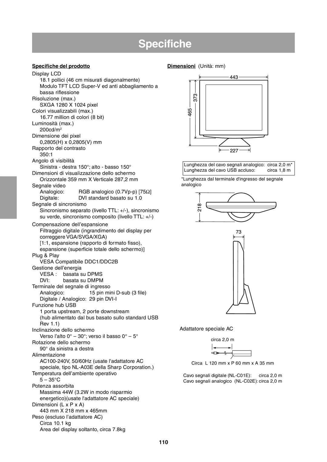 Sharp LL-T1811W operation manual Specifiche del prodotto, 110 