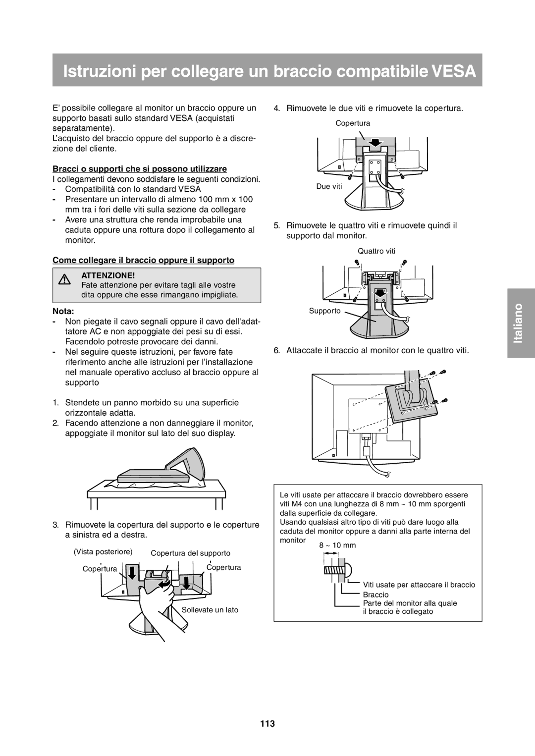 Sharp LL-T1811W Bracci o supporti che si possono utilizzare, Come collegare il braccio oppure il supporto, 113 