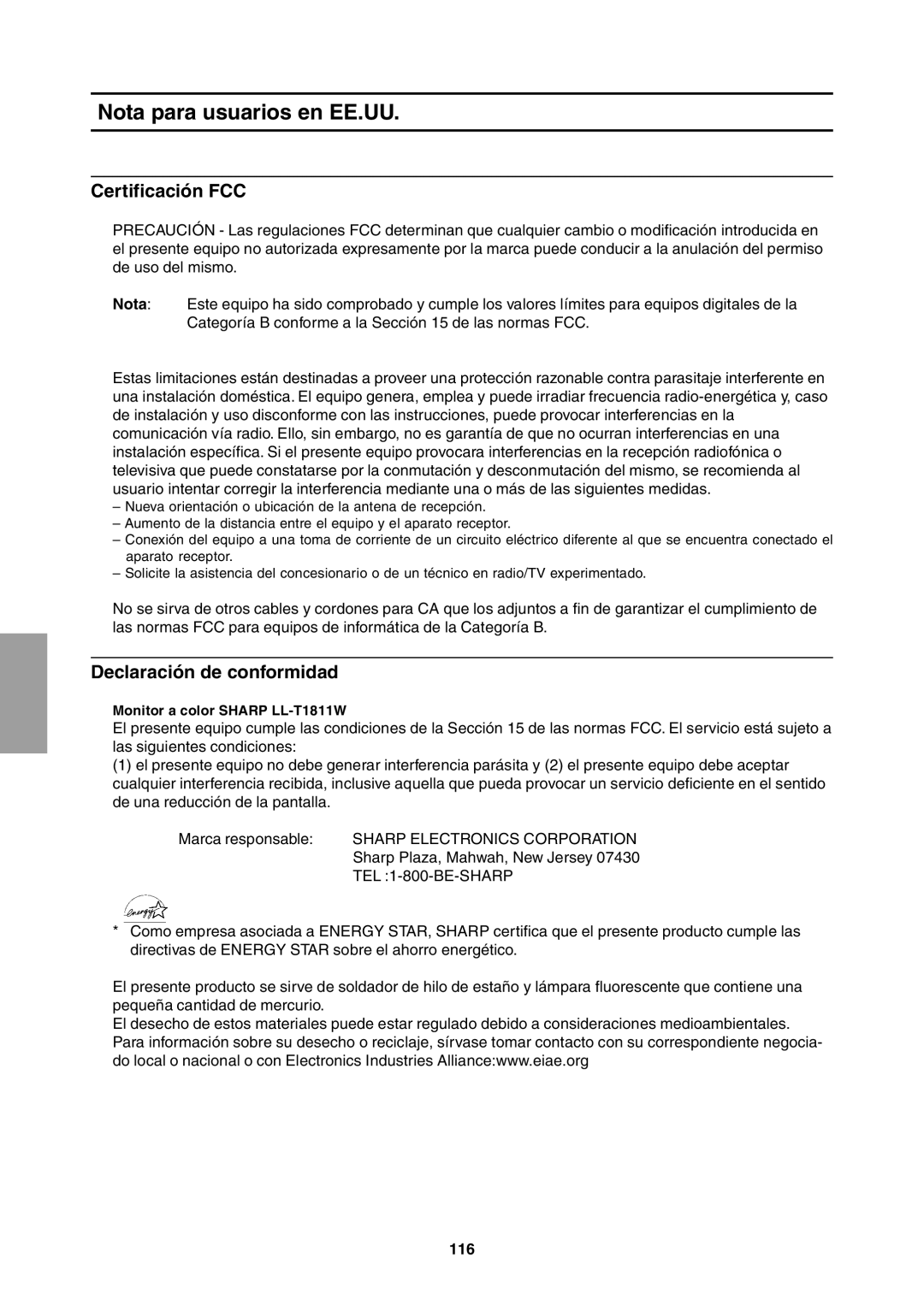 Sharp LL-T1811W operation manual Nota para usuarios en EE.UU, Certificación FCC, Declaración de conformidad, 116 