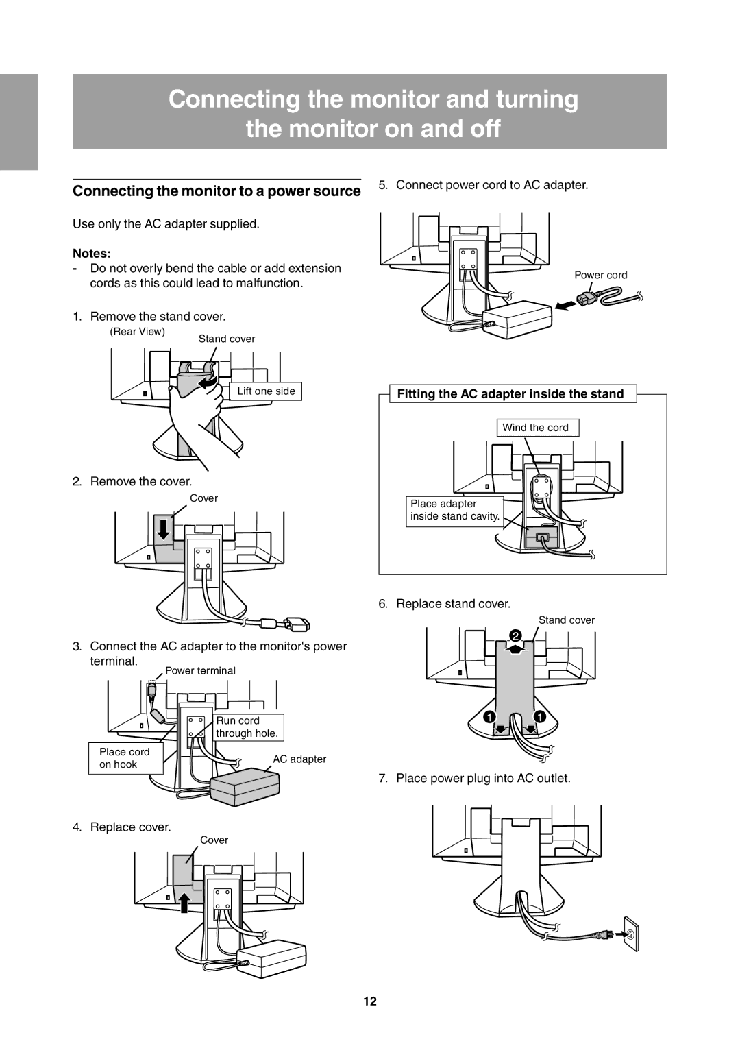 Sharp LL-T1811W Connecting the monitor and turning Monitor on and off, Fitting the AC adapter inside the stand 