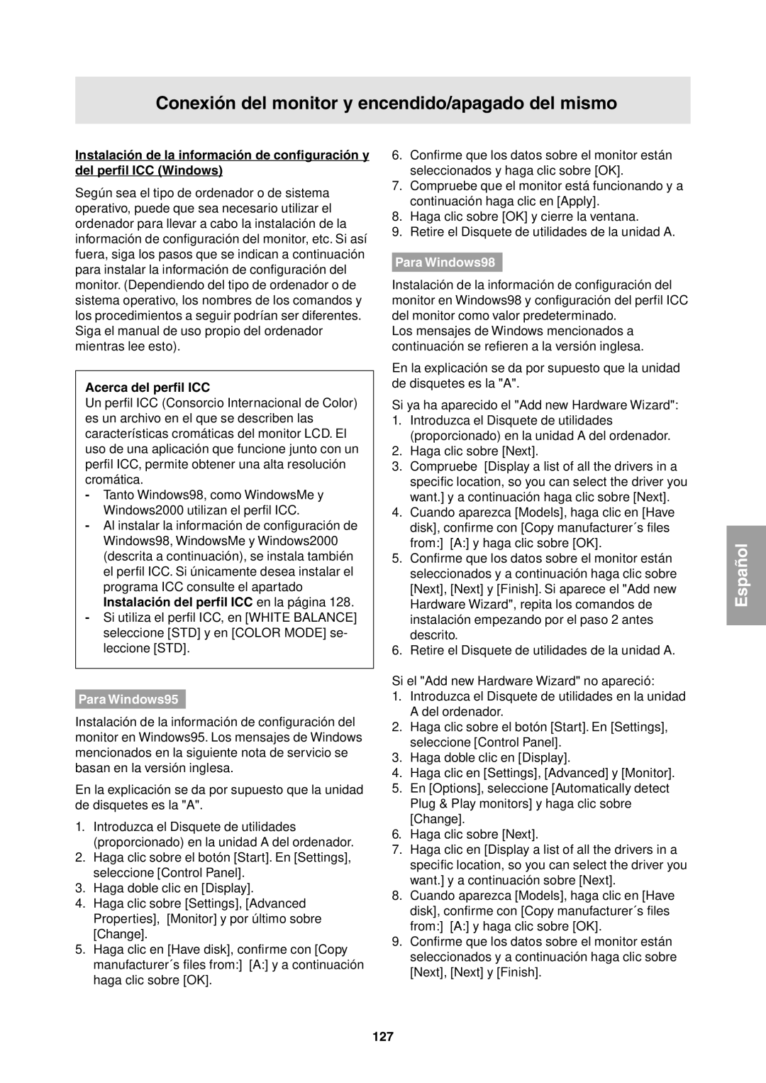 Sharp LL-T1811W operation manual Acerca del perfil ICC, 127 