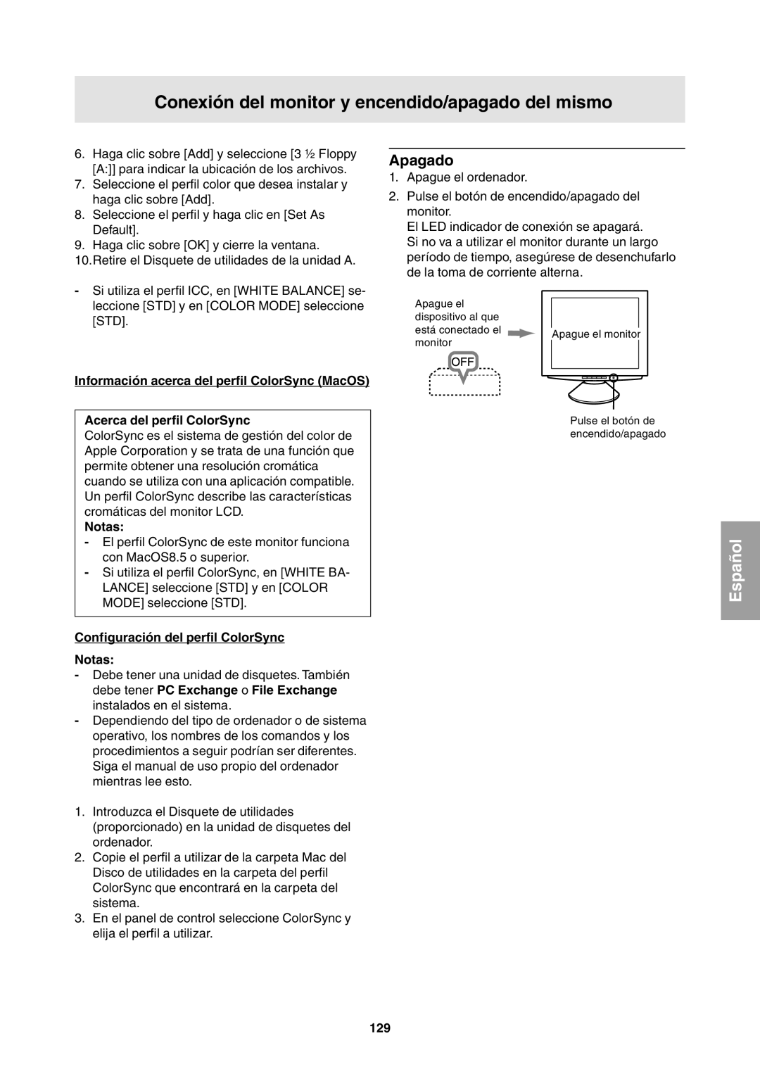 Sharp LL-T1811W operation manual Apagado, Información acerca del perfil ColorSync MacOS, Acerca del perfil ColorSync, 129 