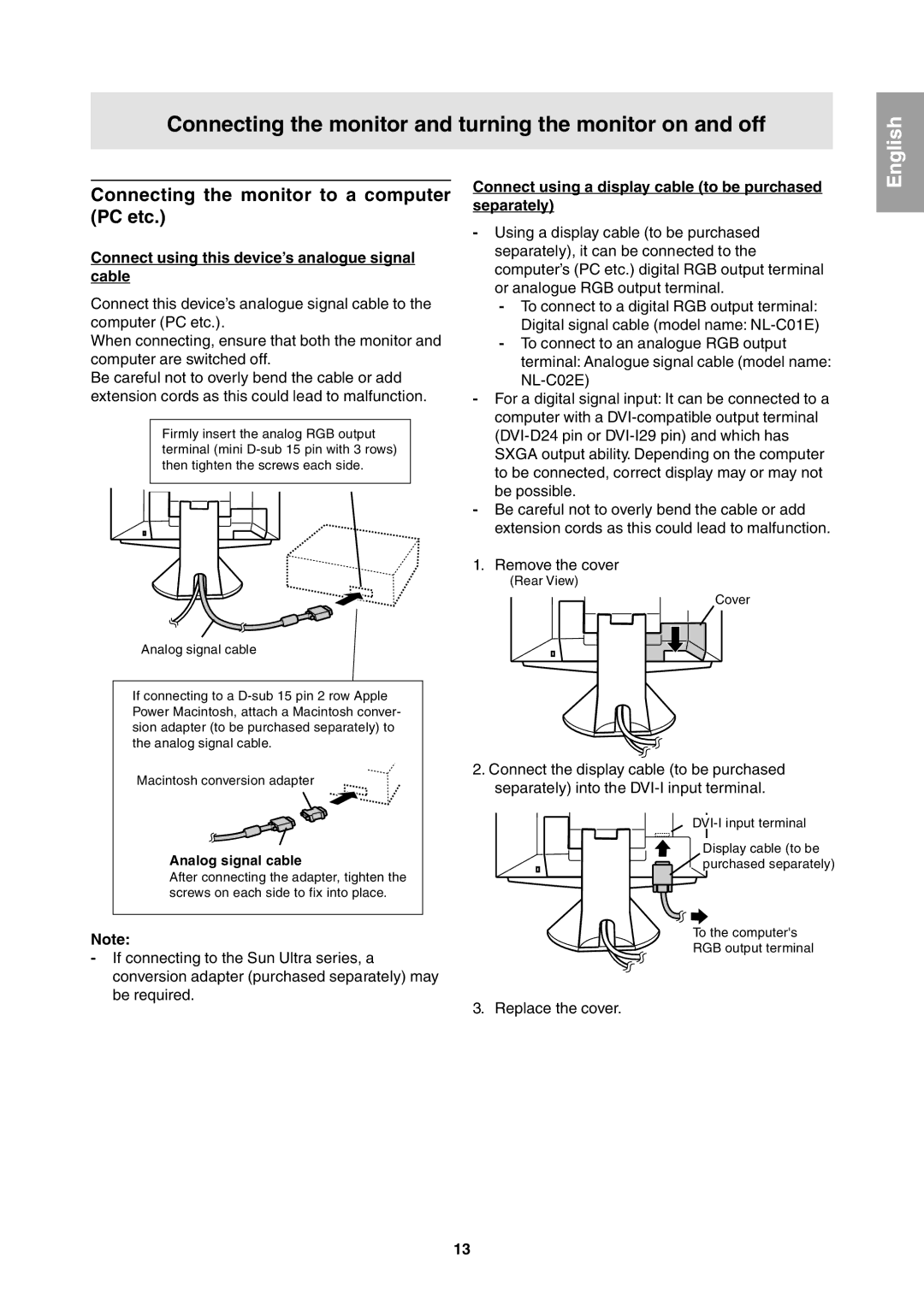 Sharp LL-T1811W Connecting the monitor and turning the monitor on and off, Connecting the monitor to a computer PC etc 