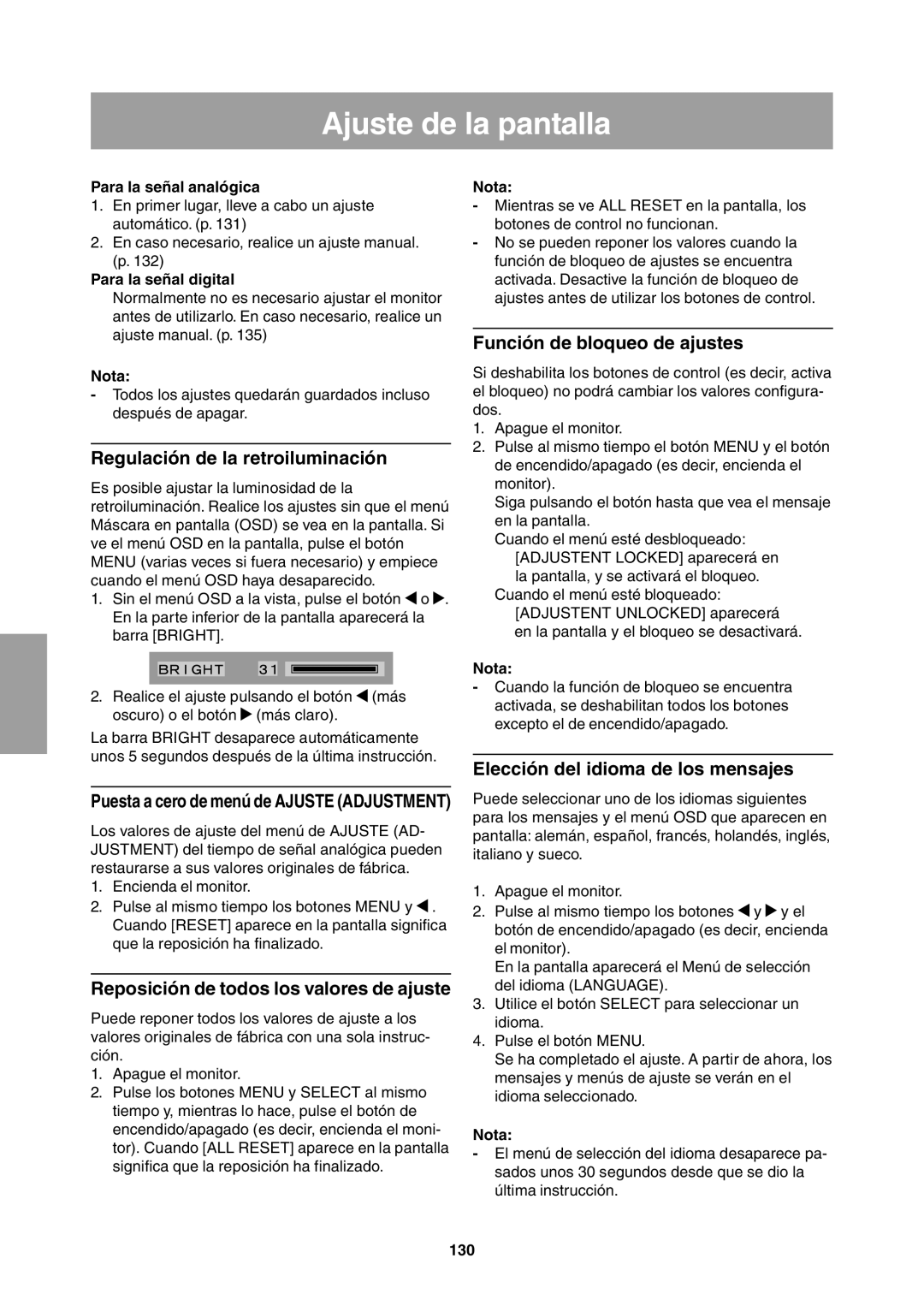 Sharp LL-T1811W operation manual Ajuste de la pantalla, Regulación de la retroiluminación, Función de bloqueo de ajustes 