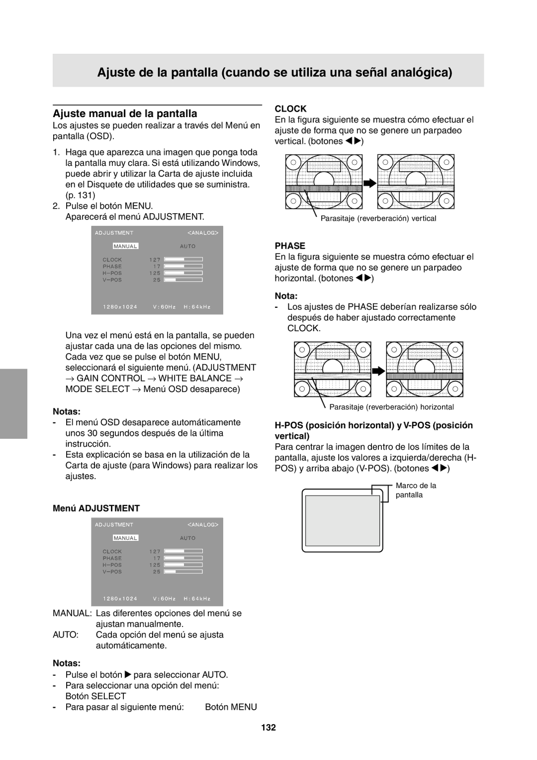 Sharp LL-T1811W Ajuste de la pantalla cuando se utiliza una señal analógica, Ajuste manual de la pantalla, Menú Adjustment 