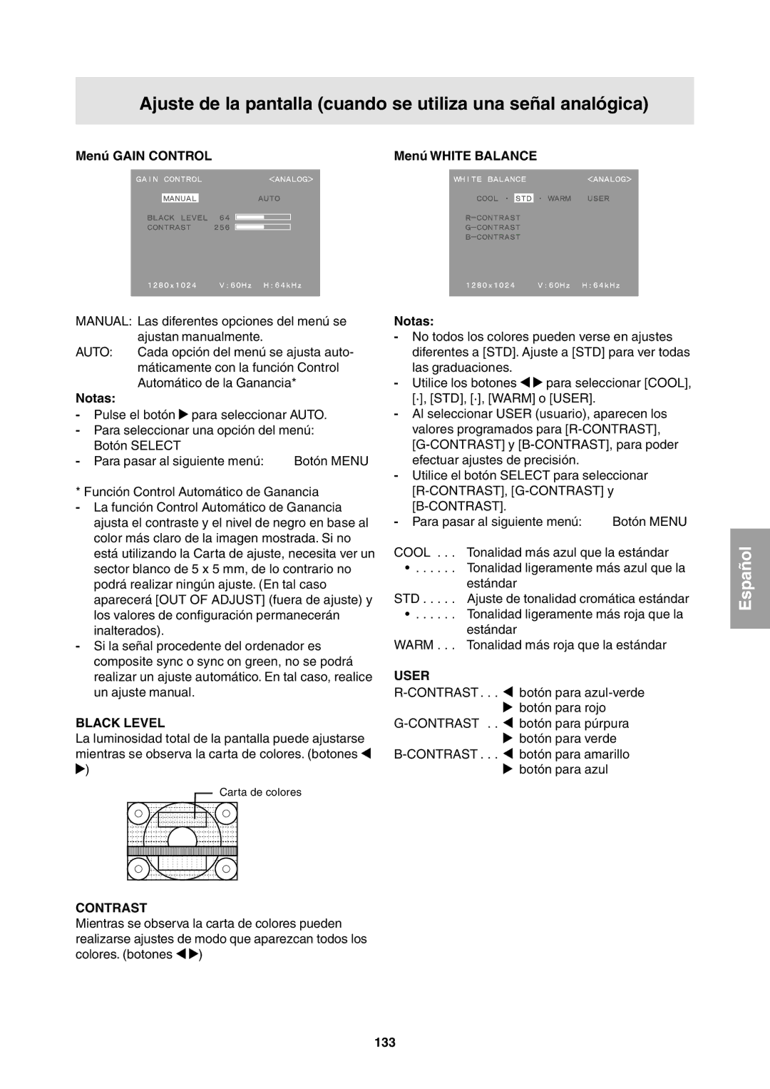 Sharp LL-T1811W operation manual Menú Gain Control Menú White Balance, 133 