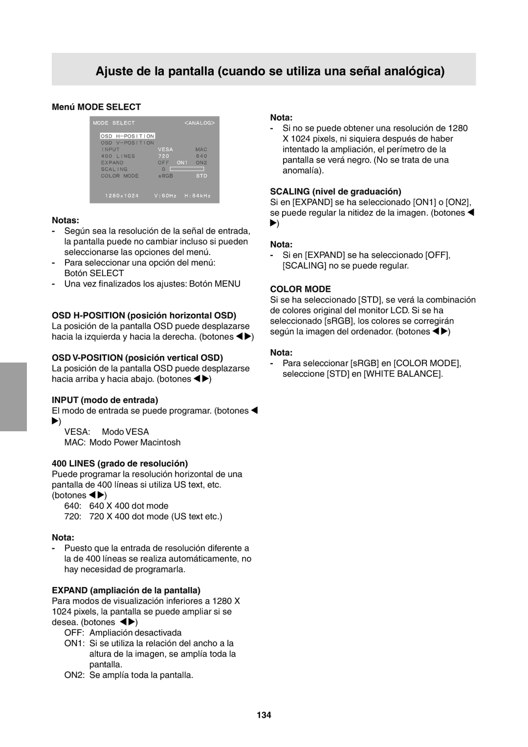 Sharp LL-T1811W operation manual Menú Mode Select Notas, OSD V-POSITION posición vertical OSD, Input modo de entrada, 134 