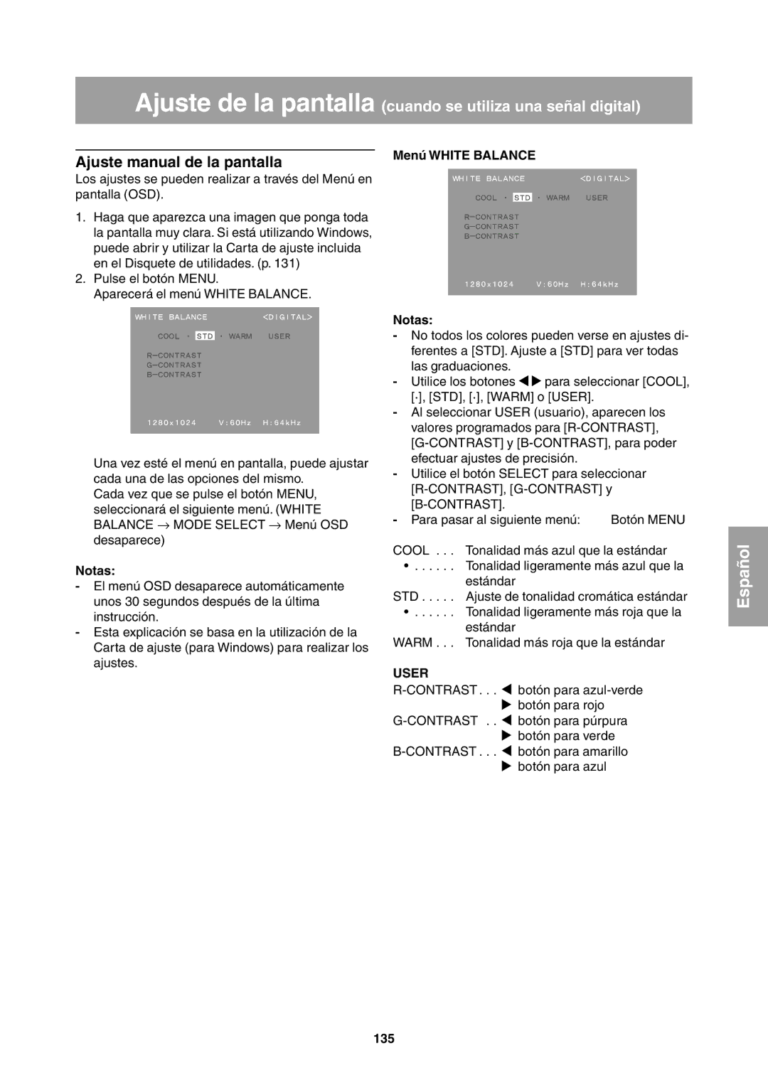 Sharp LL-T1811W operation manual Ajuste de la pantalla cuando se utiliza una señal digital, 135 