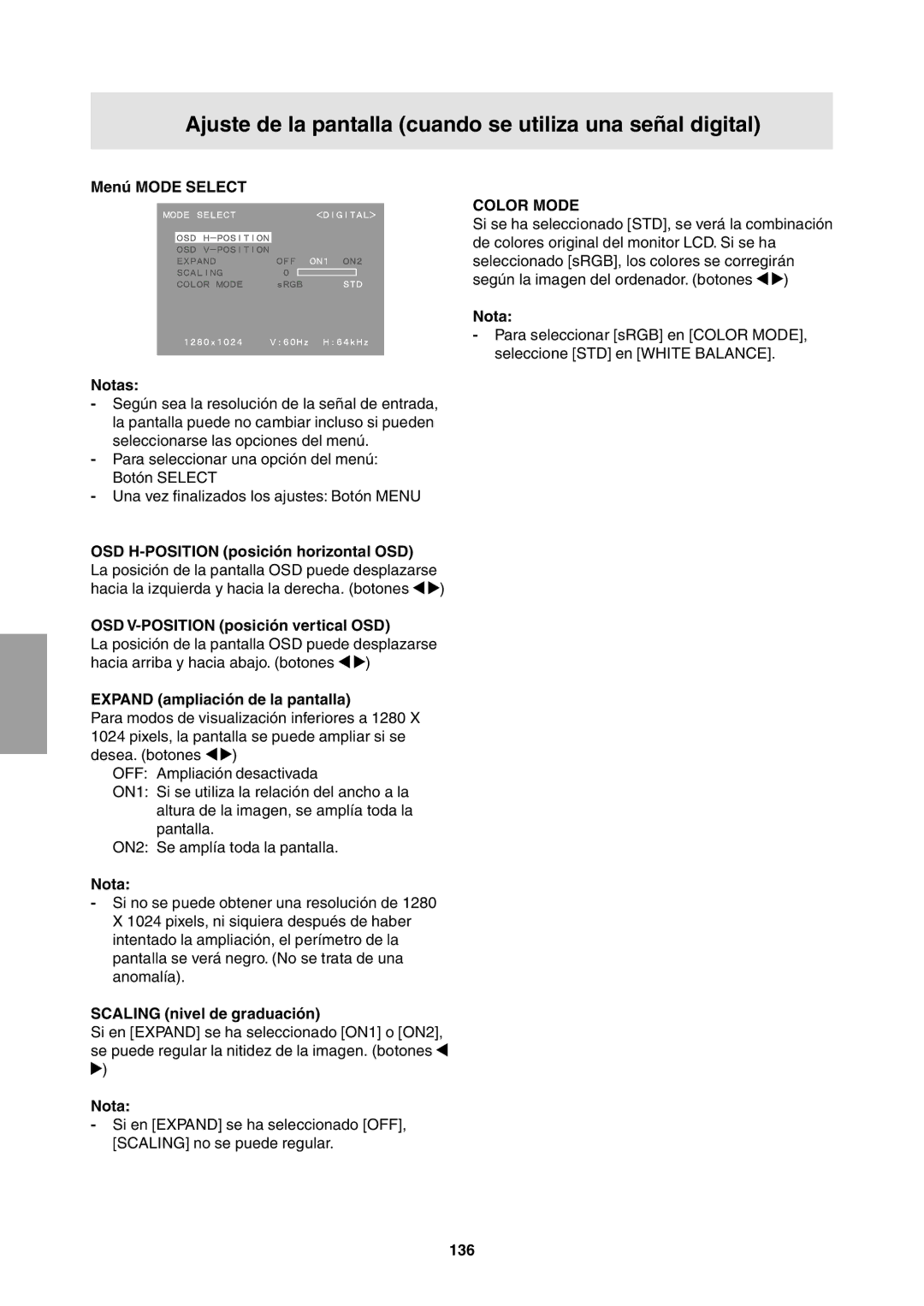 Sharp LL-T1811W operation manual Ajuste de la pantalla cuando se utiliza una señal digital, 136 