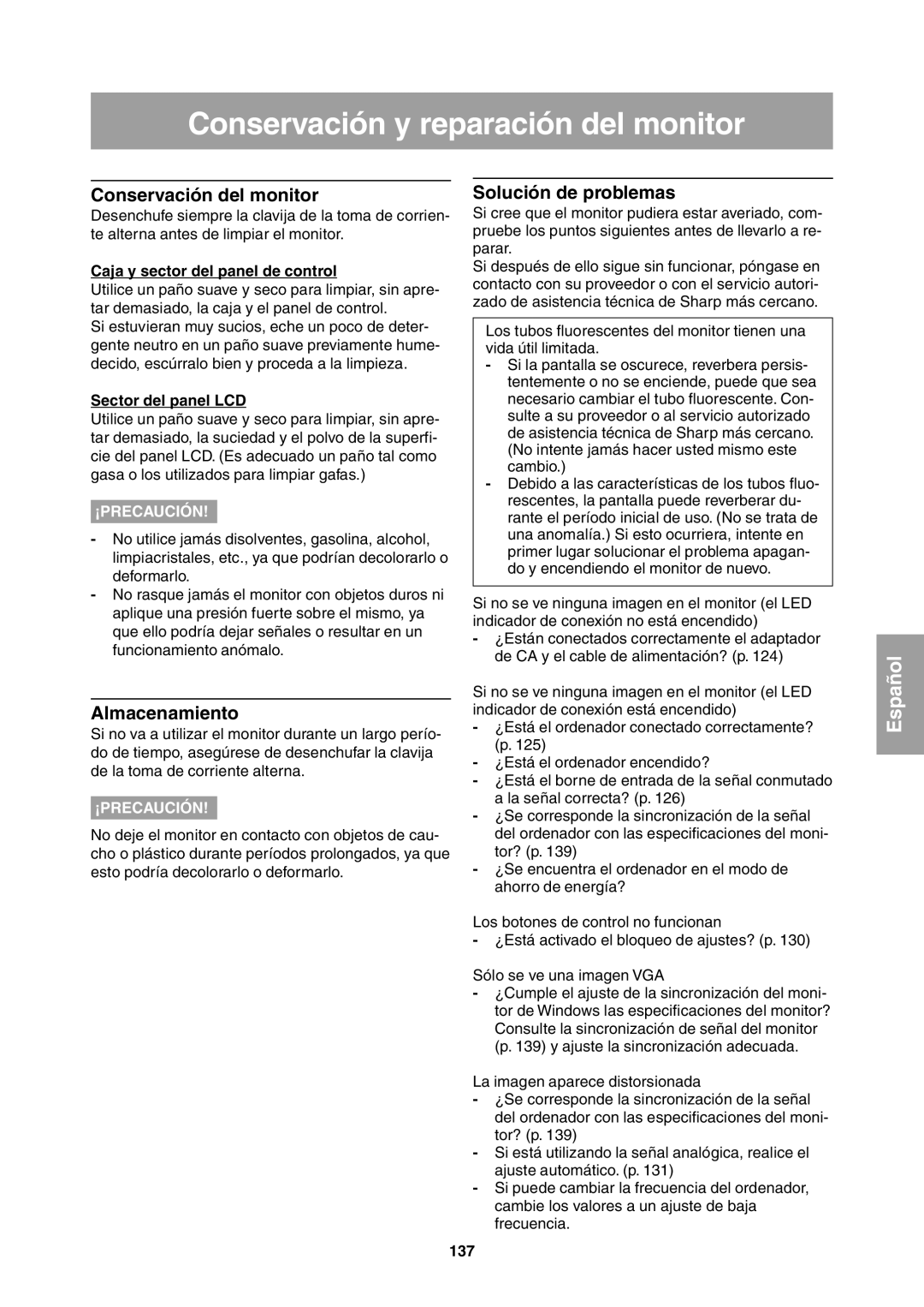 Sharp LL-T1811W Conservación y reparación del monitor, Conservación del monitor, Almacenamiento, Solución de problemas 