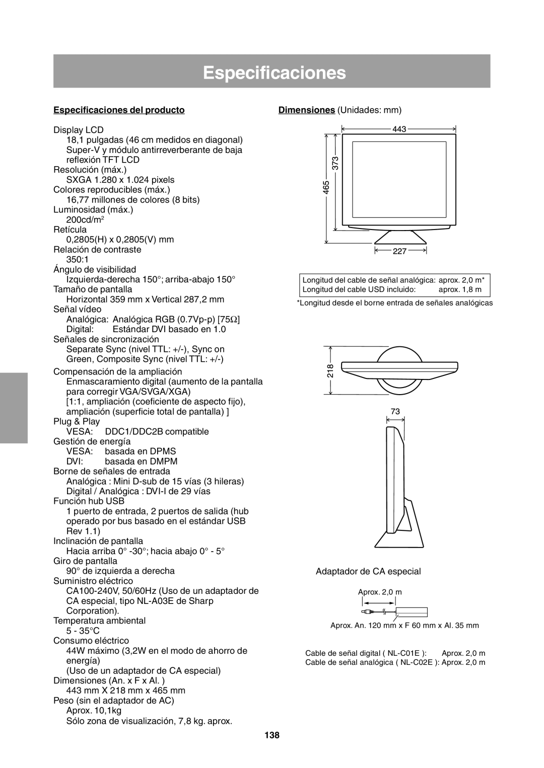 Sharp LL-T1811W operation manual Especificaciones del producto, Adaptador de CA especial, 138 