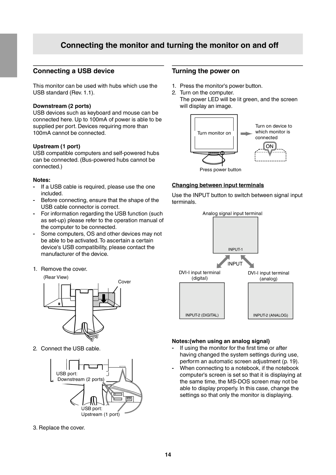 Sharp LL-T1811W Connecting a USB device, Downstream 2 ports, Upstream 1 port, Changing between input terminals 