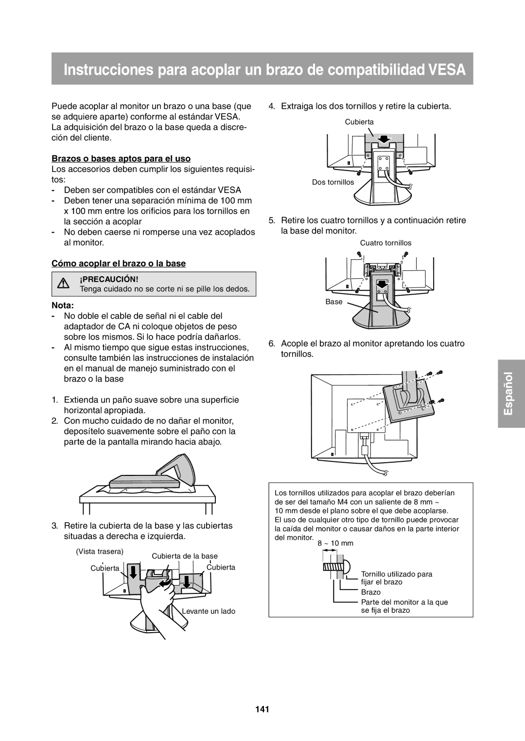 Sharp LL-T1811W operation manual Brazos o bases aptos para el uso, Cómo acoplar el brazo o la base, 141 