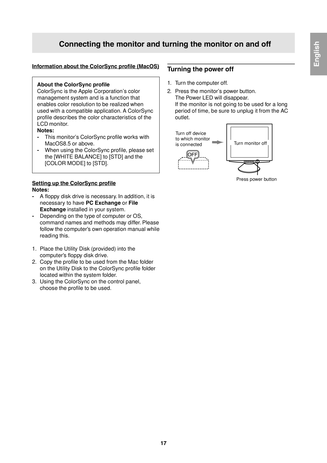 Sharp LL-T1811W operation manual Turning the power off, Setting up the ColorSync profile 