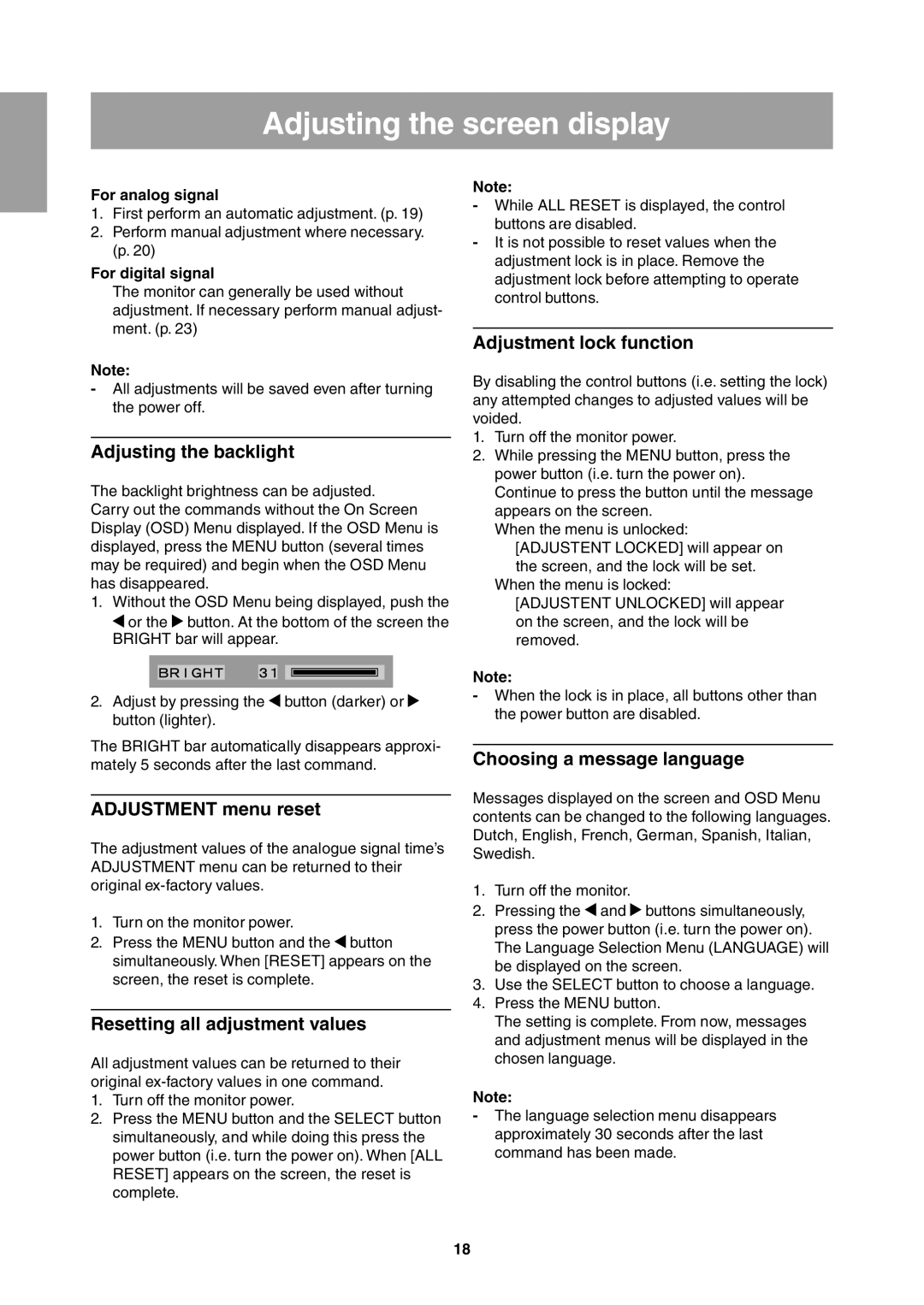 Sharp LL-T1811W operation manual Adjusting the screen display 