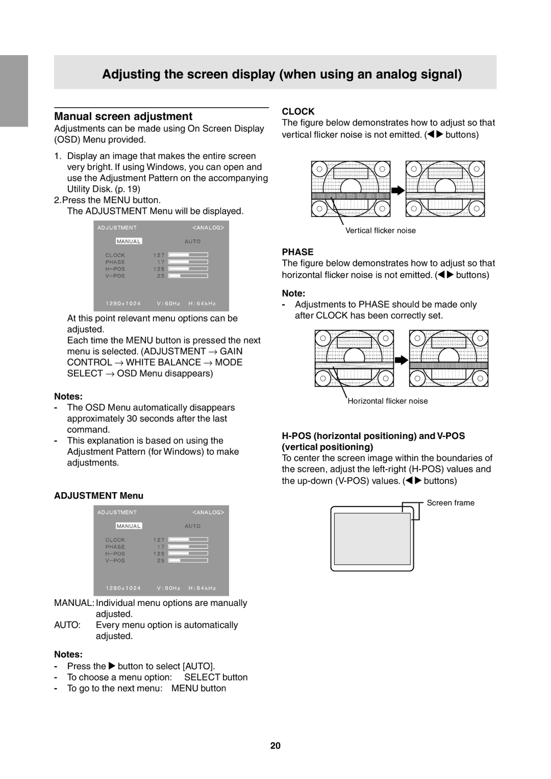 Sharp LL-T1811W Adjusting the screen display when using an analog signal, Manual screen adjustment, Clock, Phase 