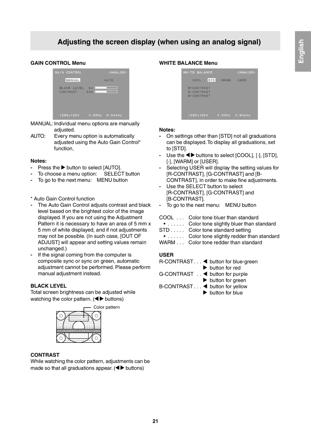 Sharp LL-T1811W operation manual Gain Control Menu White Balance Menu, Black Level, Contrast, User 