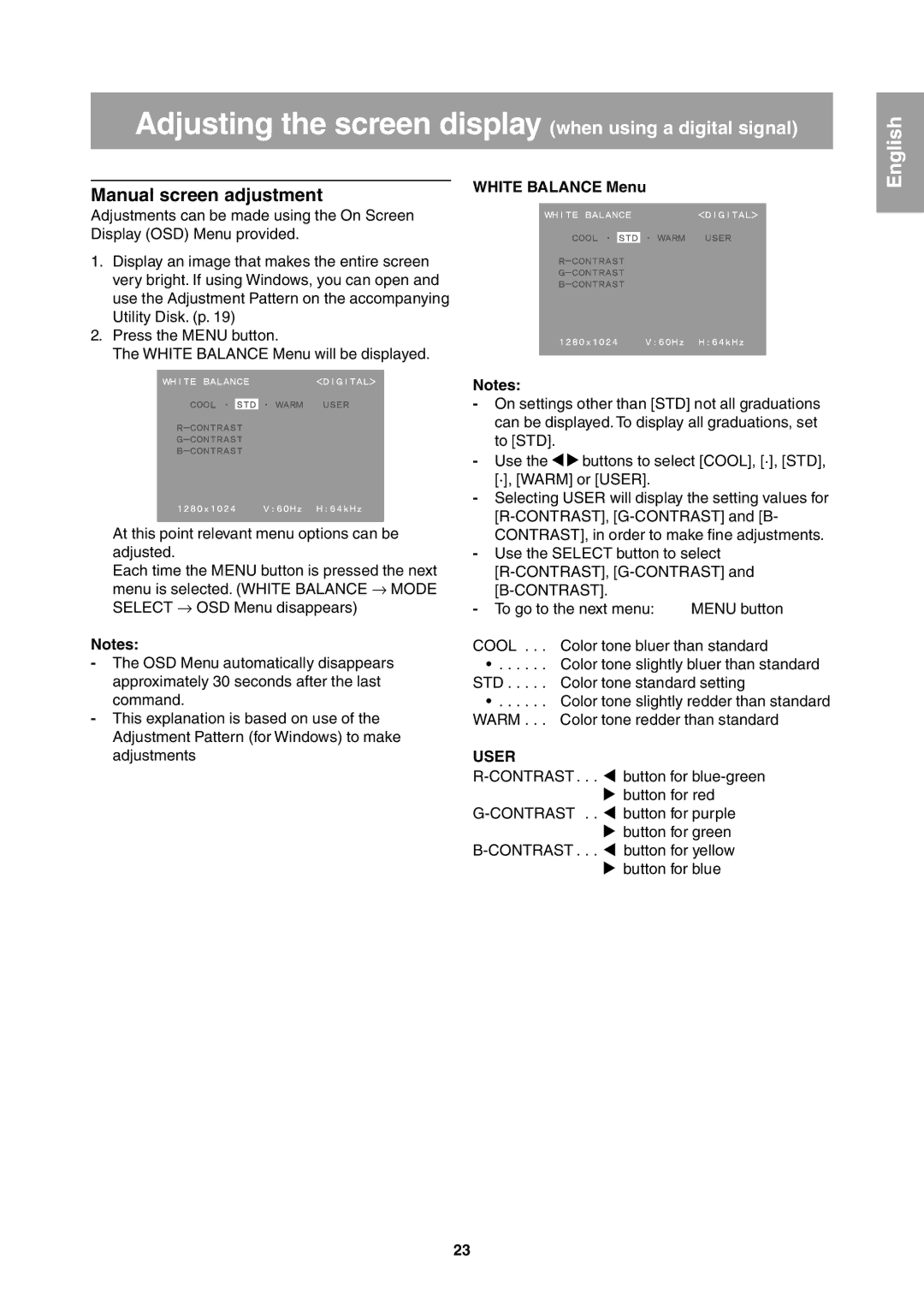 Sharp LL-T1811W operation manual Adjusting the screen display when using a digital signal, Manual screen adjustment 