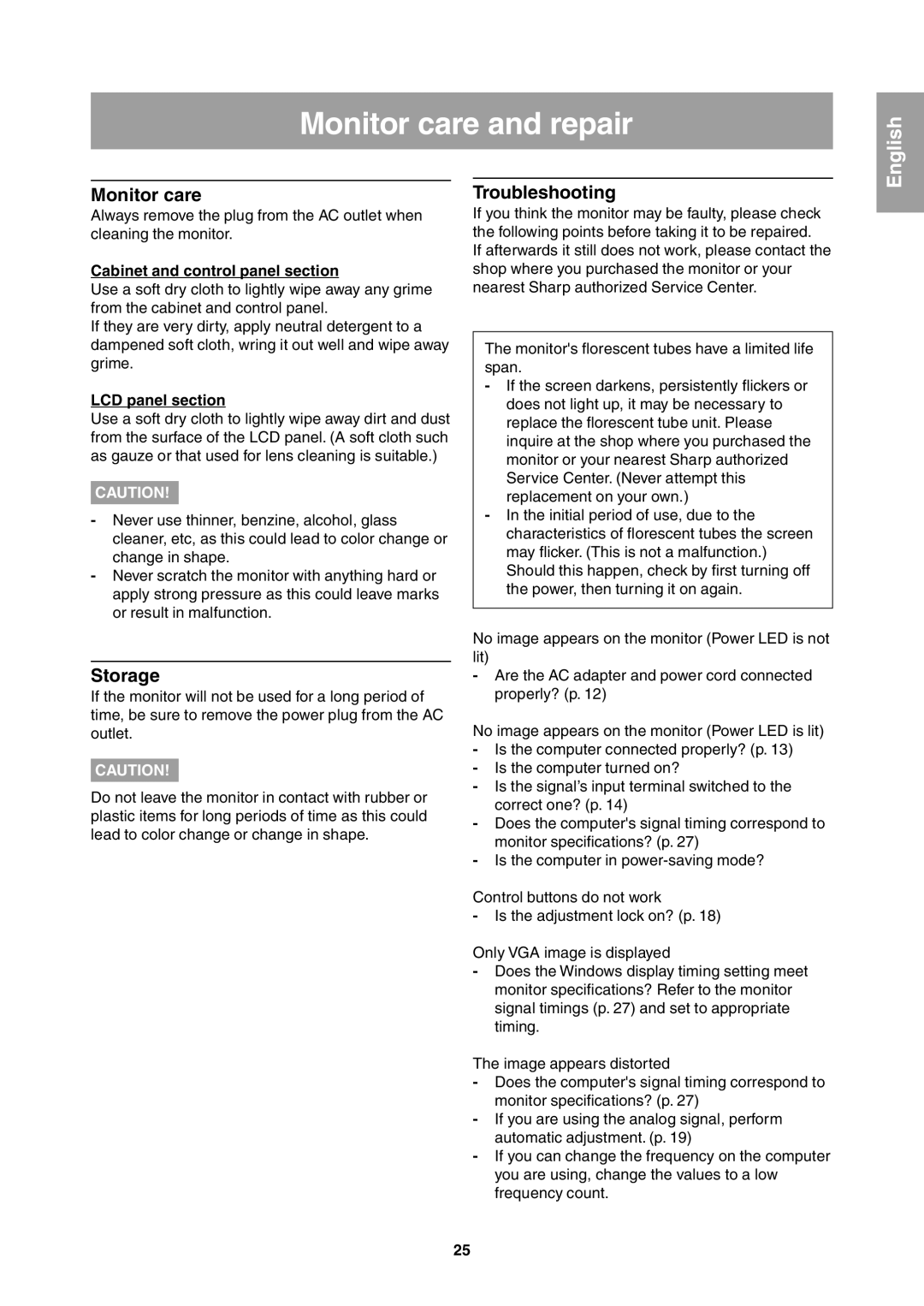 Sharp LL-T1811W operation manual Monitor care and repair, Storage, Troubleshooting 