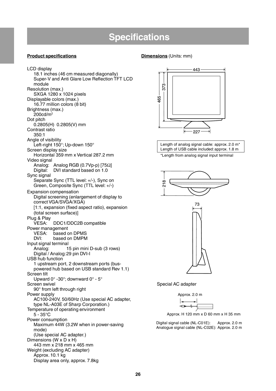 Sharp LL-T1811W operation manual Specifications, Product specifications 