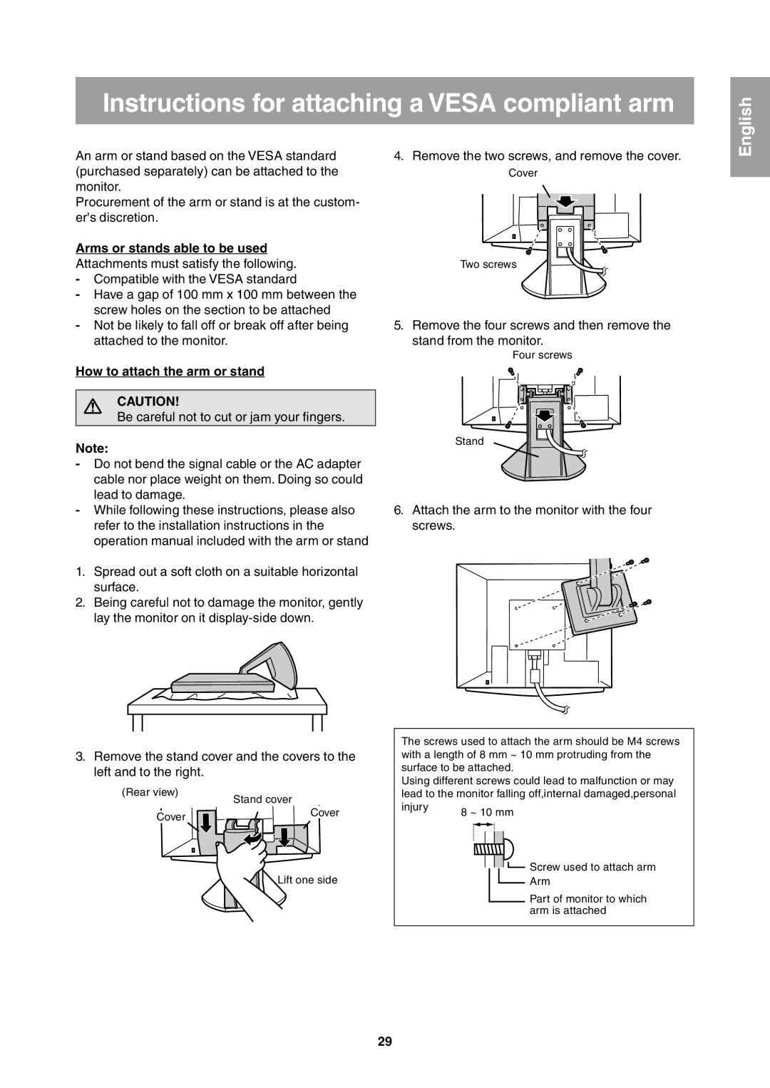 Sharp LL-T1811W operation manual Instructions for attaching a Vesa compliant arm, How to attach the arm or stand 