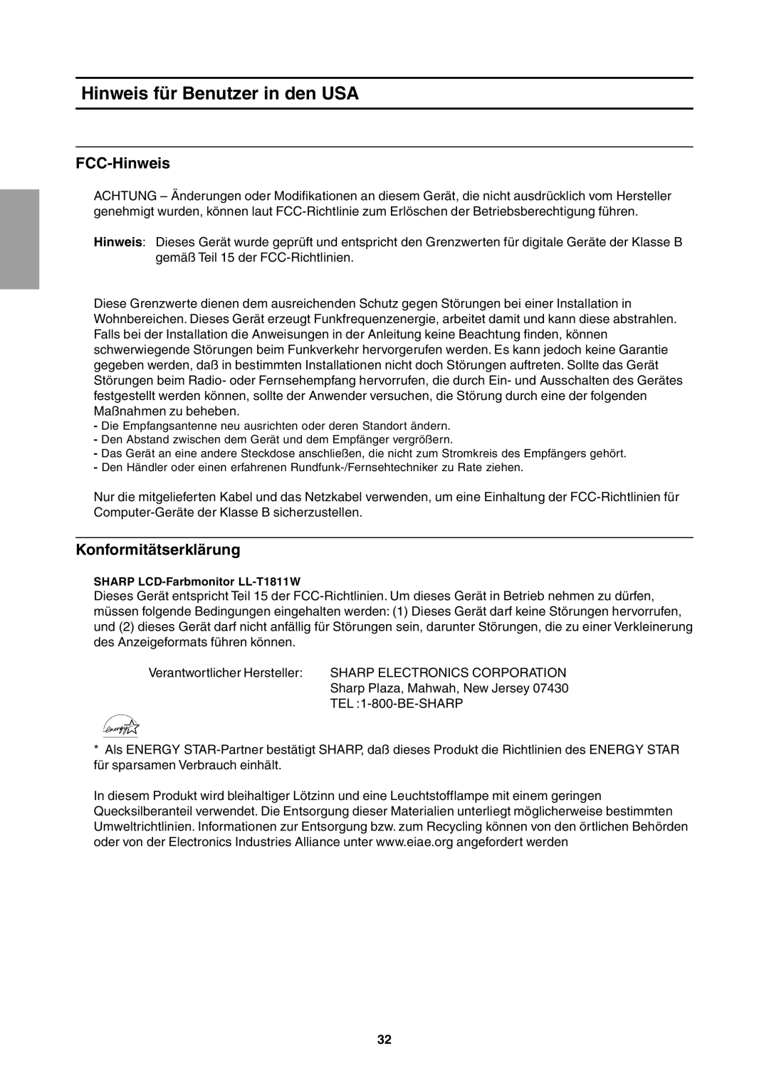 Sharp LL-T1811W operation manual Hinweis für Benutzer in den USA, FCC-Hinweis, Konformitätserklärung, TEL 1-800-BE-SHARP 