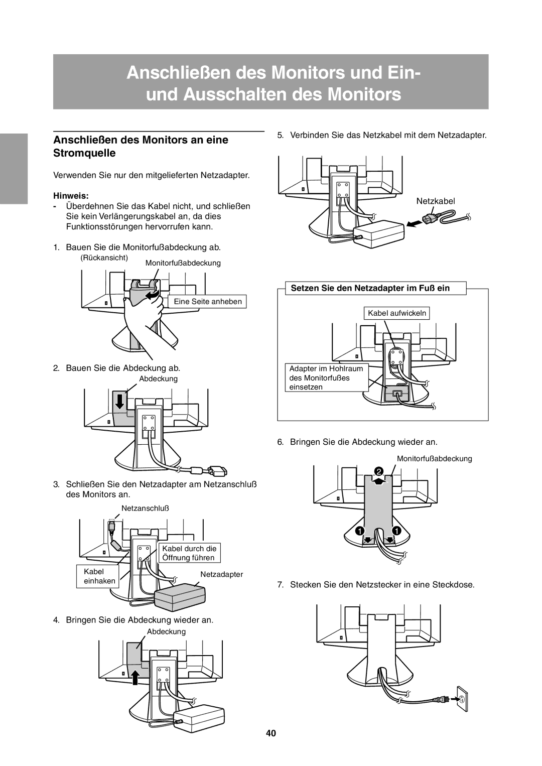 Sharp LL-T1811W operation manual Anschließen des Monitors an eine Stromquelle, Hinweis 