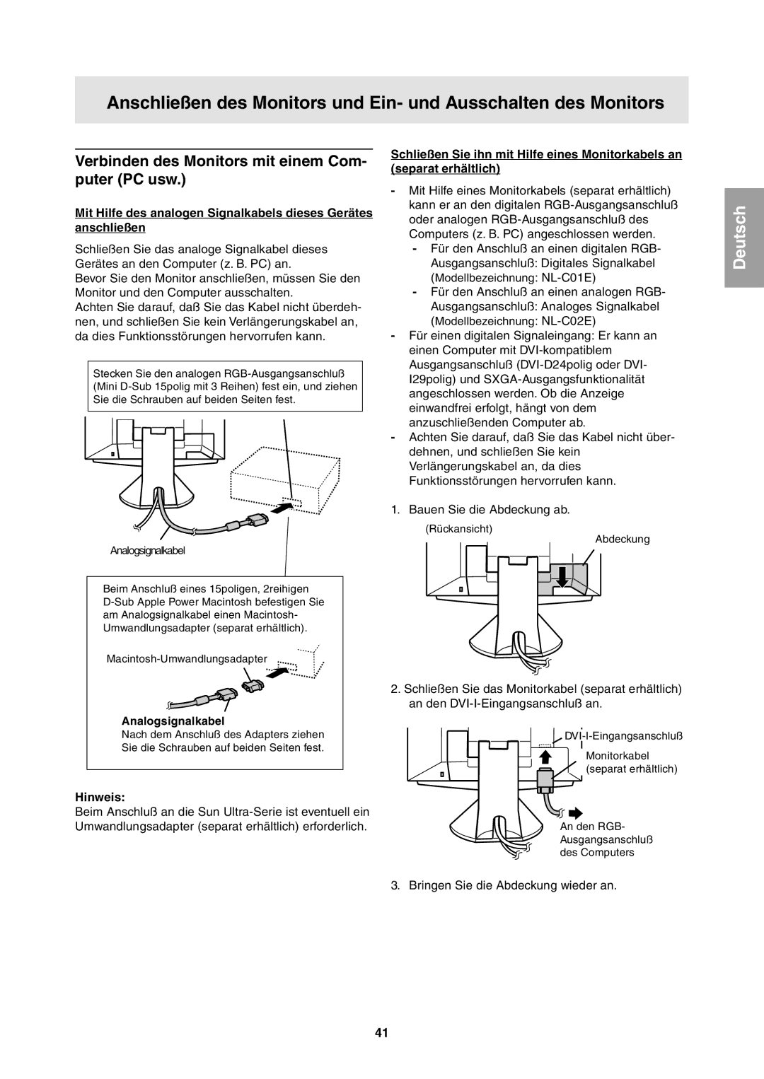 Sharp LL-T1811W operation manual Verbinden des Monitors mit einem Com- puter PC usw 