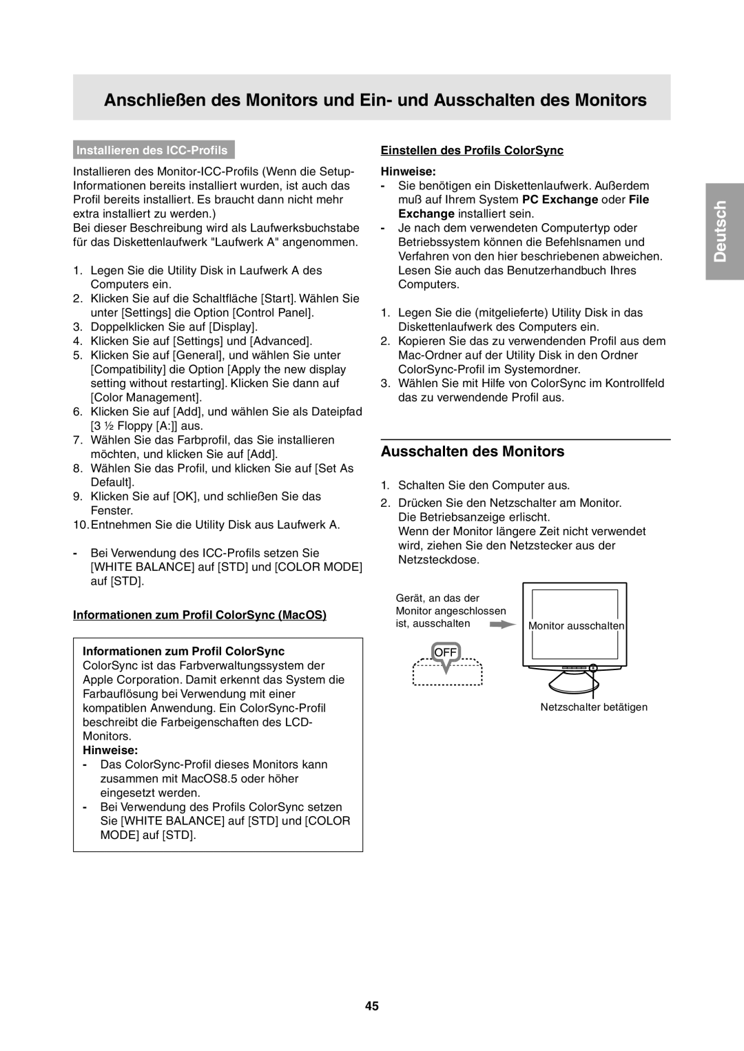 Sharp LL-T1811W operation manual Ausschalten des Monitors, Installieren des ICC-Profils 