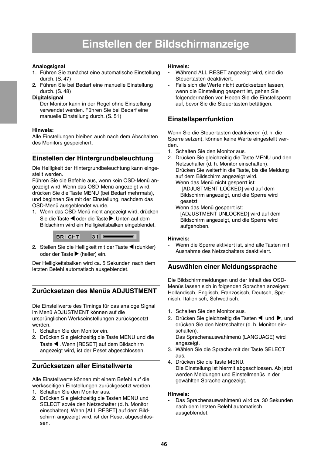 Sharp LL-T1811W operation manual Einstellen der Bildschirmanzeige 