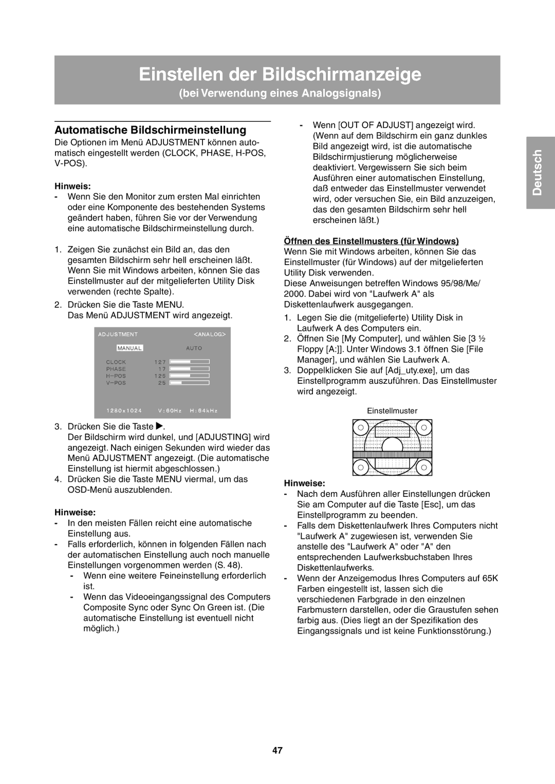 Sharp LL-T1811W operation manual Bei Verwendung eines Analogsignals, Automatische Bildschirmeinstellung 