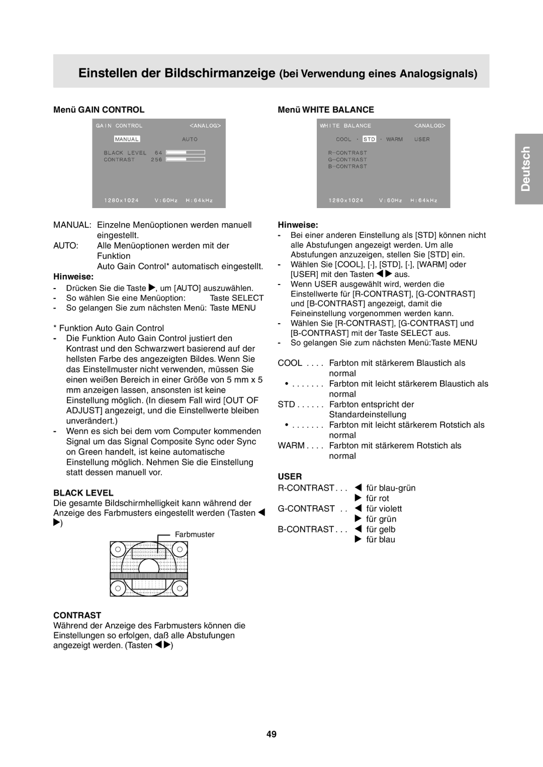 Sharp LL-T1811W operation manual Menü Gain Control Menü White Balance 