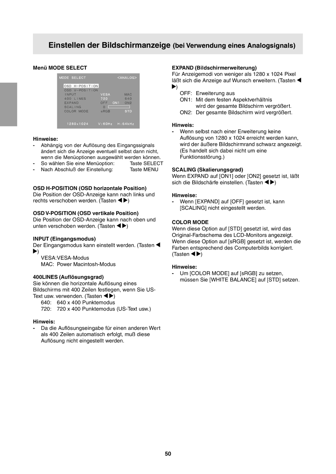 Sharp LL-T1811W operation manual Menü Mode Select Hinweise, OSD V-POSITION OSD vertikale Position, Input Eingangsmodus 